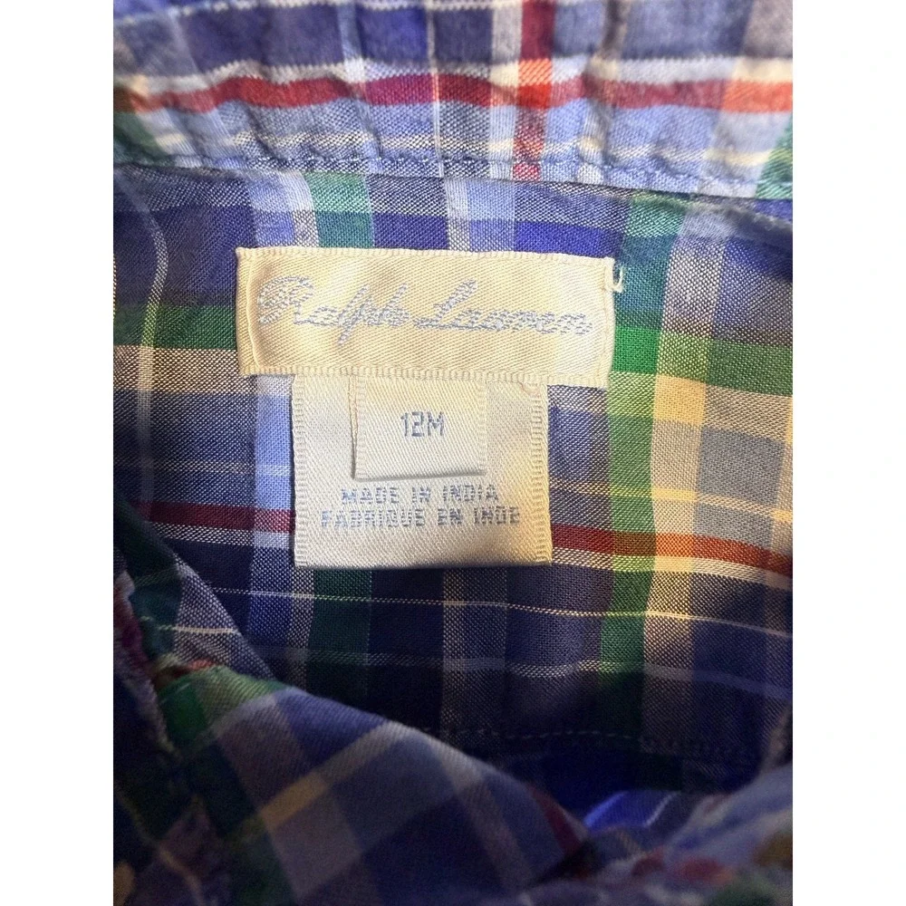Ralph Lauren Shirt Button Up Short Sleeve Blue Green Plaid  Blue Pony  12 Months